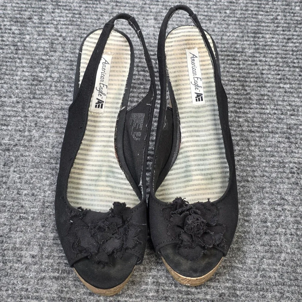 American Eagle Floral Cork Wedges Womens Size 11 Black Canvas Peep Toe Slingback